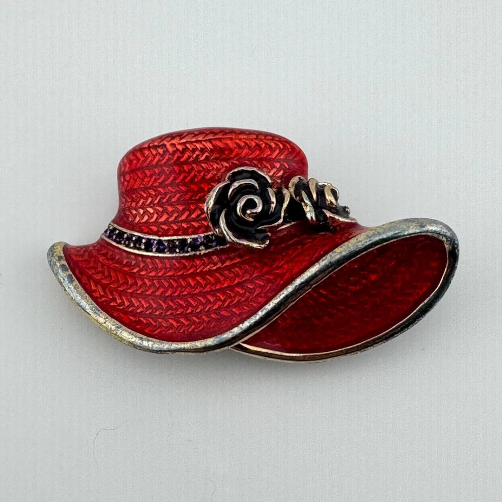 Vintage 1980s Red Hat Society Enamel Brooch Pin Red Purple Rhinestone Rose Hat